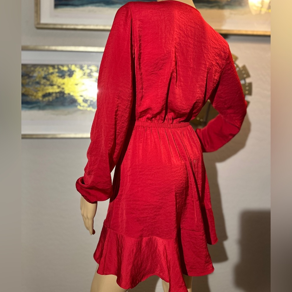 Express Red Ruffled Wrap Dress with Tie Front - Picture 3 of 5